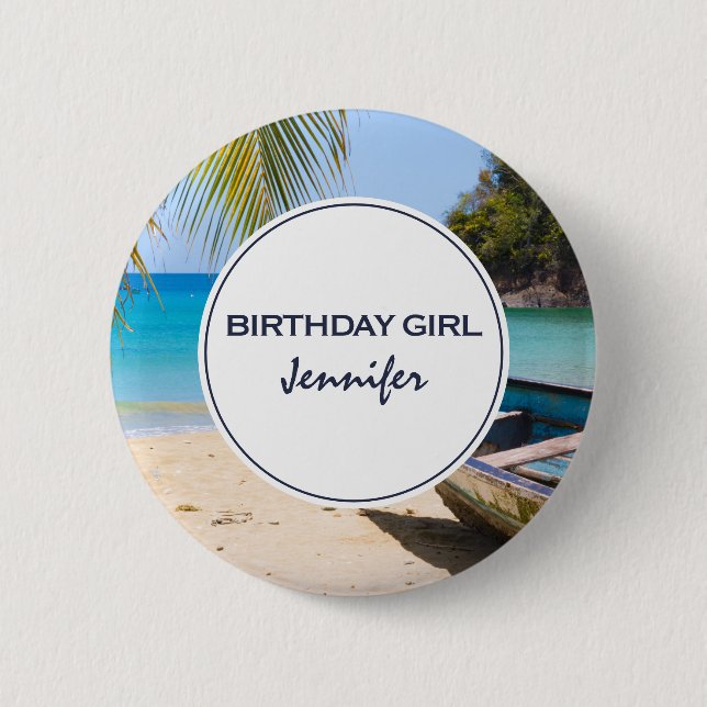 Vackra Tropiska Beach & Rowboat Birthday Girl Knapp (Framsida)