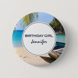 Vackra Tropiska Beach & Rowboat Birthday Girl Knapp