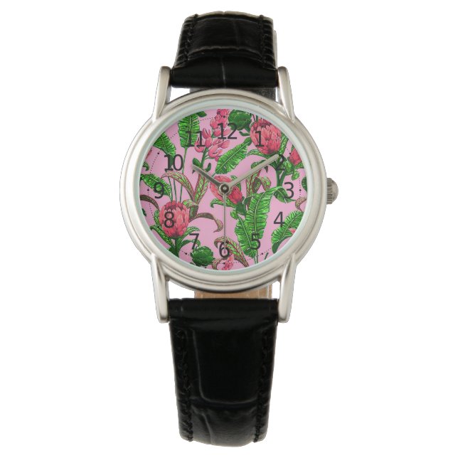 Vackra tropiska gröna blad med röda blommor | armbandsur (Framsida)