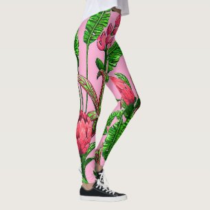 Vackra tropiska gröna blad med röda blommor leggings