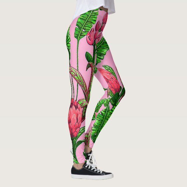 Vackra tropiska gröna blad med röda blommor | leggings (Höger)