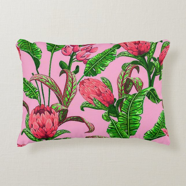 Vackra Tropiska Grönten Lämnar med Röda blommor | Prydnadskudde (Framsidan)