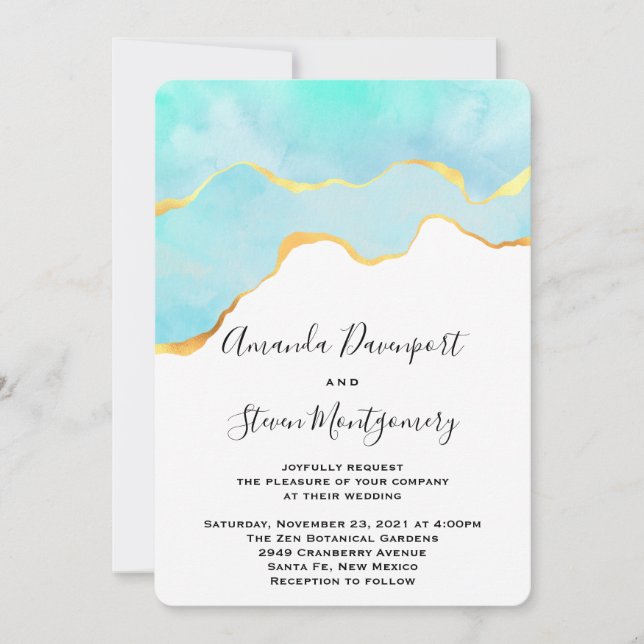 Vackra tropiska Grönten med Guld Gräns Bröllop Inbjudningar (Framsida)