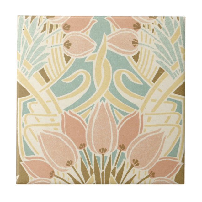 vackra tulpaner art nouveau blommönster kakelplatta (Framsidan)
