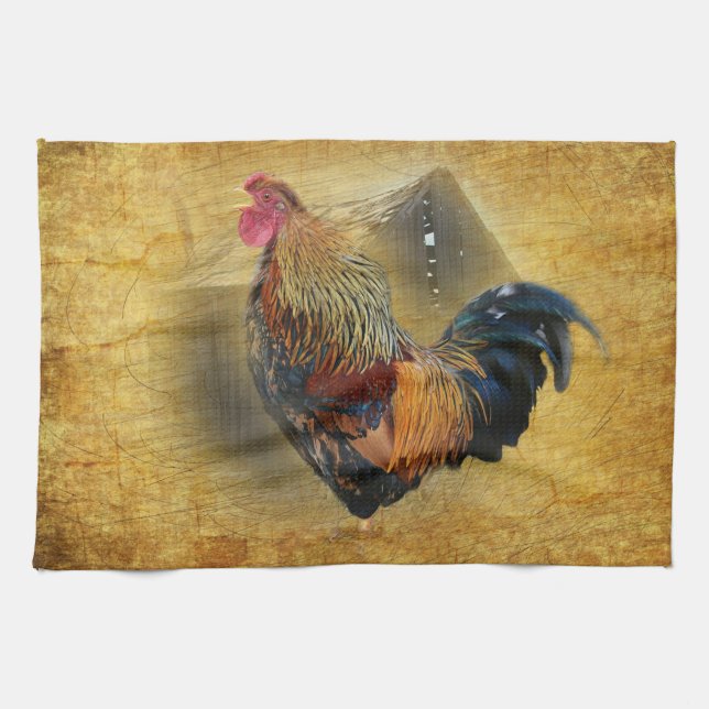 Vackra Tupp och Rustic Barn Chicken Coop Kökshandduk (Horisontell)