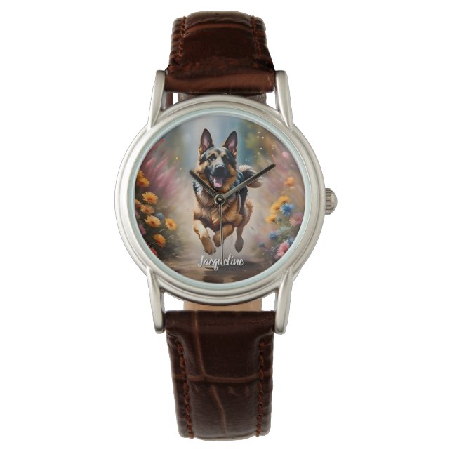 Vackra tyska Shepherd Hund & Flowers Armbandsur (Framsida)