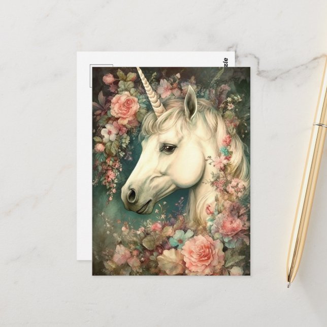 Vackra Unicorn och Flowers Vykort (Fram/Back In Situ)