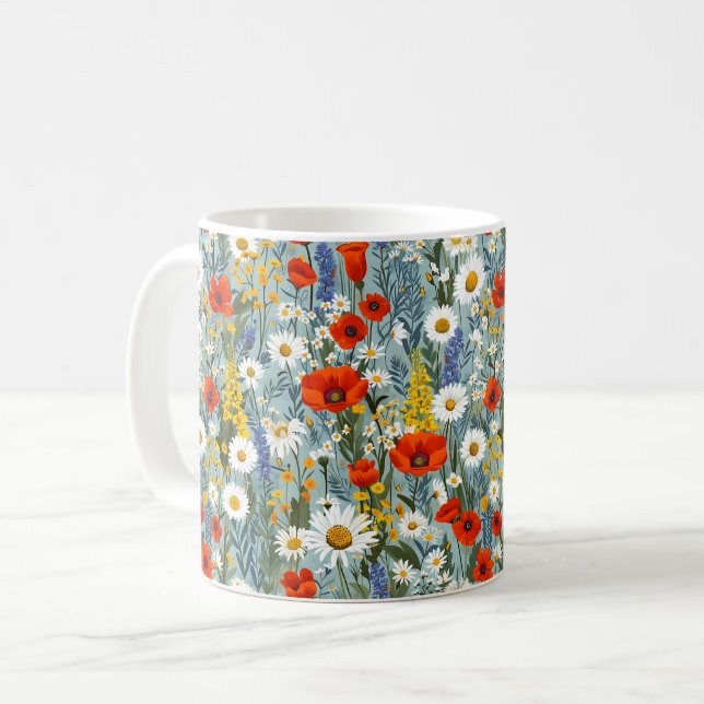 Vackra vårfärgglada flickiga vildblommor kaffemugg (Framsida vänster)