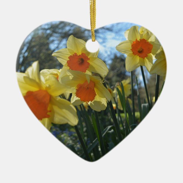 Vackra vårgula, orange narcissblommor julgransprydnad keramik (Framsidan)