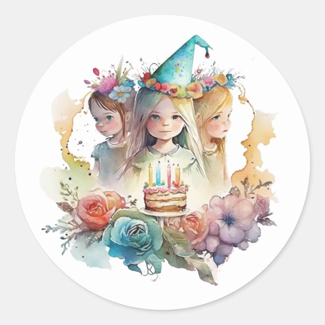 Vackra vattenfärger Birthday Stickers Runt Klistermärke (Framsida)