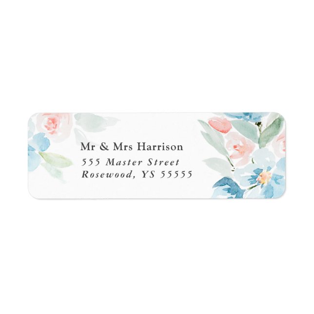 Vackra vattenfärger  ro och blåa blommor returadress etikett (Framsidan)