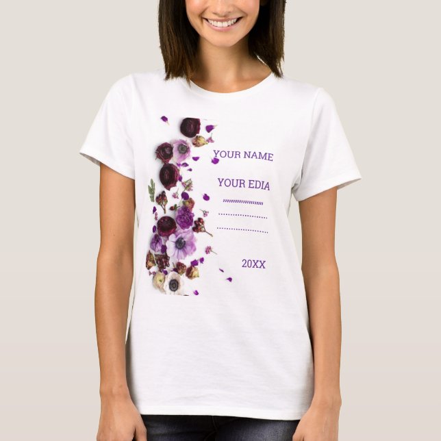 Vackra vilda blommor broderade t-shirt, mörkgrön D T Shirt (Framsida)