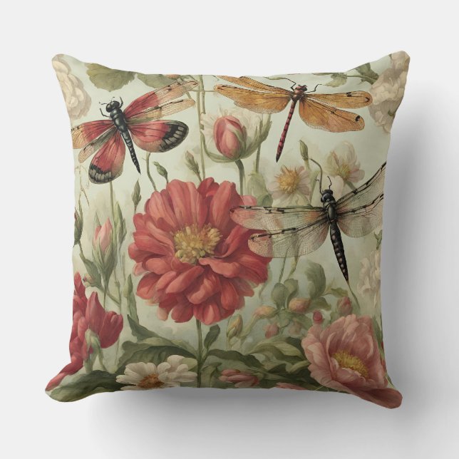 Vackra Vintagar Blommor och Dragonflies Kudde (Framsida)