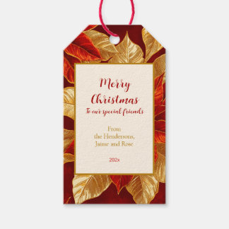 Vackra Vintagen Red Guld Poinsettias jul Presentetikett