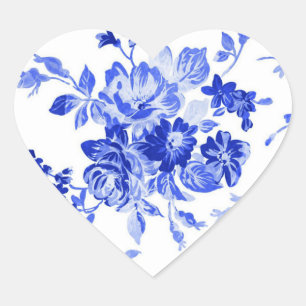 Vackra vintagens blå blommönster hjärtformat klistermärke