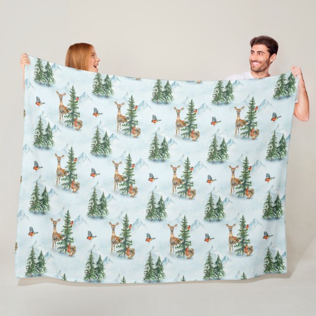 Vackra vinter Animals Young Hjort Squirrel Birds Fleecefilt (På plats)