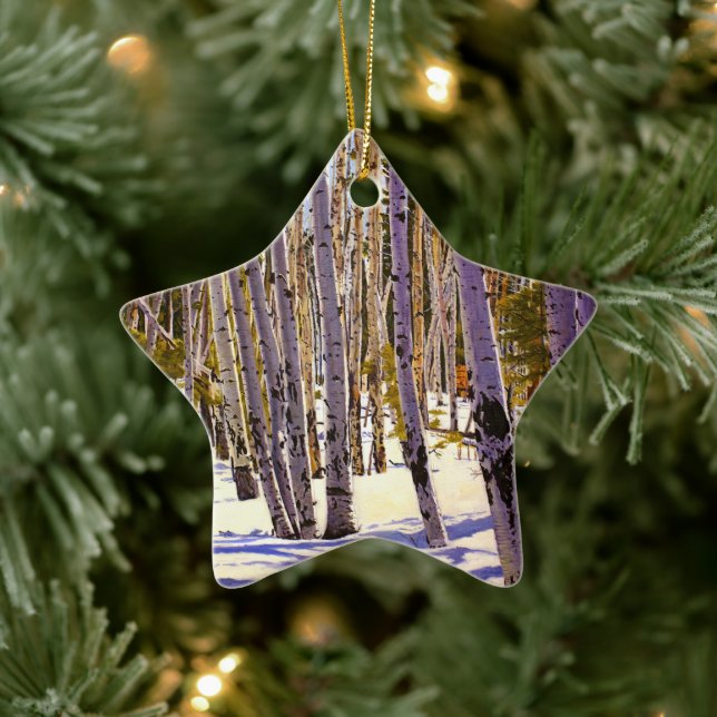 Vackra vinteraspnar i violett grön blå vit julgransprydnad keramik (Träd)