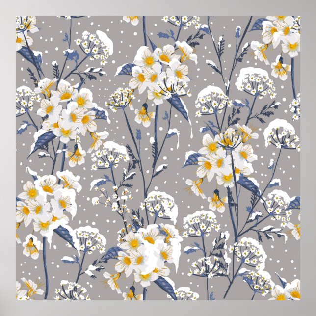 Vackra vinterblommor blommar i snö delic poster (Framsidan)