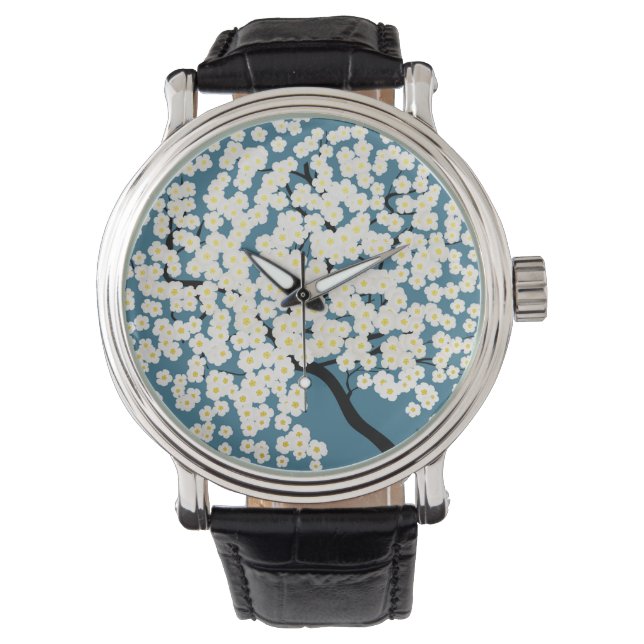 Vackra Vita Blommor Blommar Träd Konst Armbandsur (Framsida)