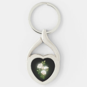 Vackra Vita Blommor Glöd Stil Twisted Heart Silverfärgad Nyckelring