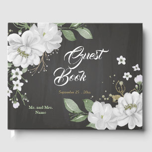 vackra vita blommor, grön svart gäst bok