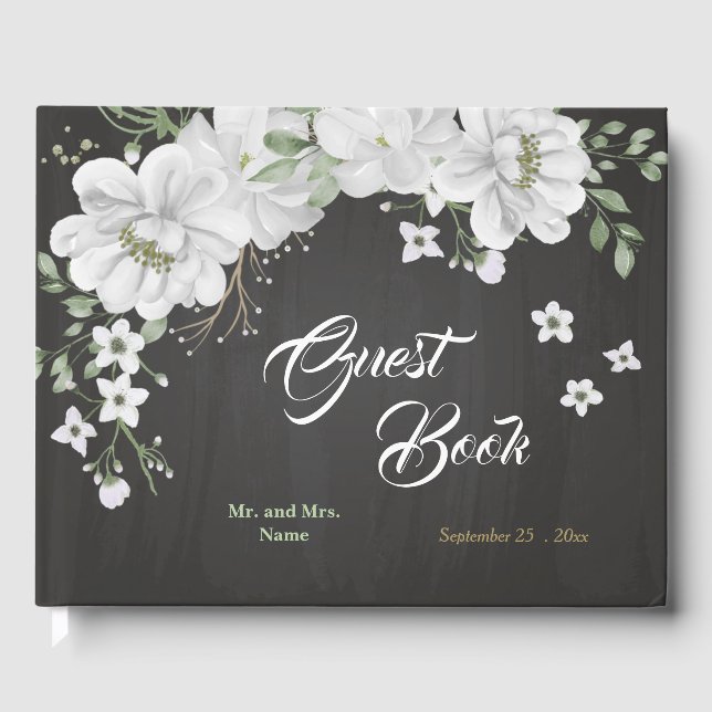 vackra vita blommor grön svart gästböcker (Framsida)
