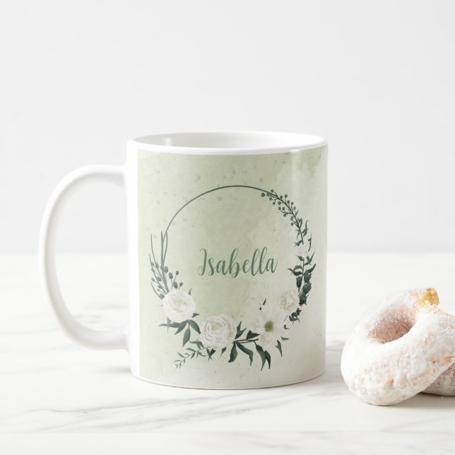 Vackra vita blommor gröna blad kaffemugg (Med munk)