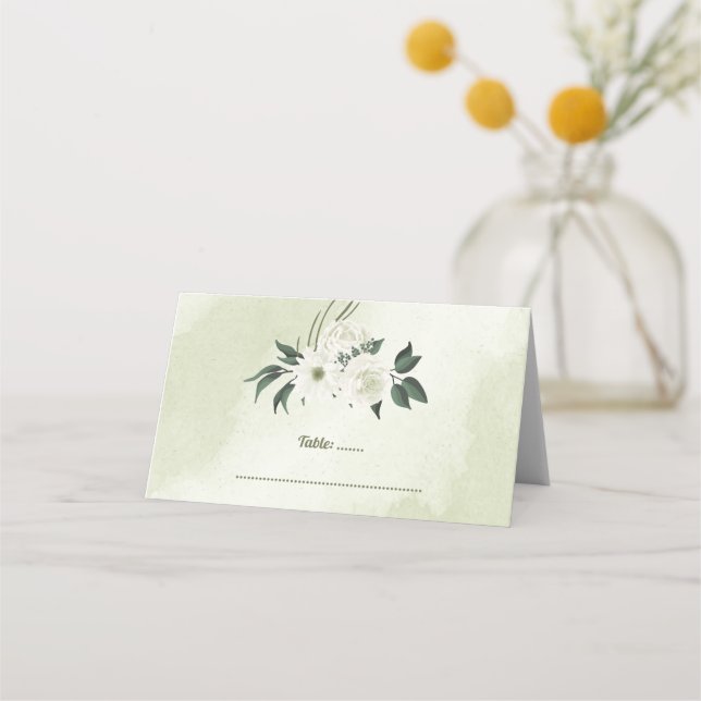 vackra vita blommor grönt löv placeringskort (Framsida)