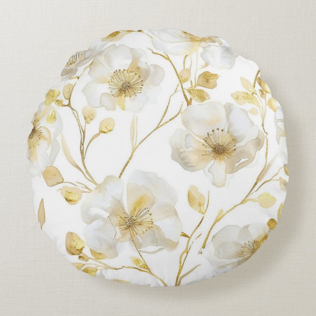 Vackra vita blommor i guld  rund kudde (Framsidan)