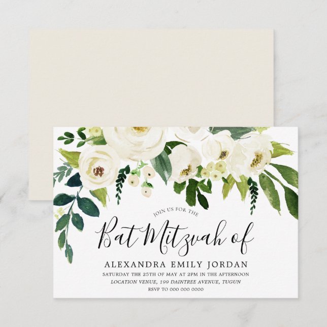 Vackra vita blommor Pub Mitzvah Bat mitzvah Inbjudningar (Fram/baksida)