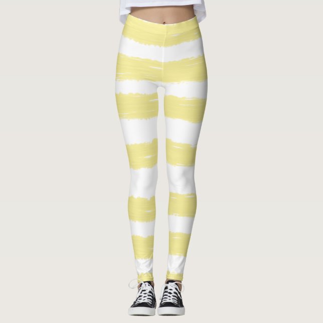 Vackra vita gula akvarellränder leggings (Framsida)