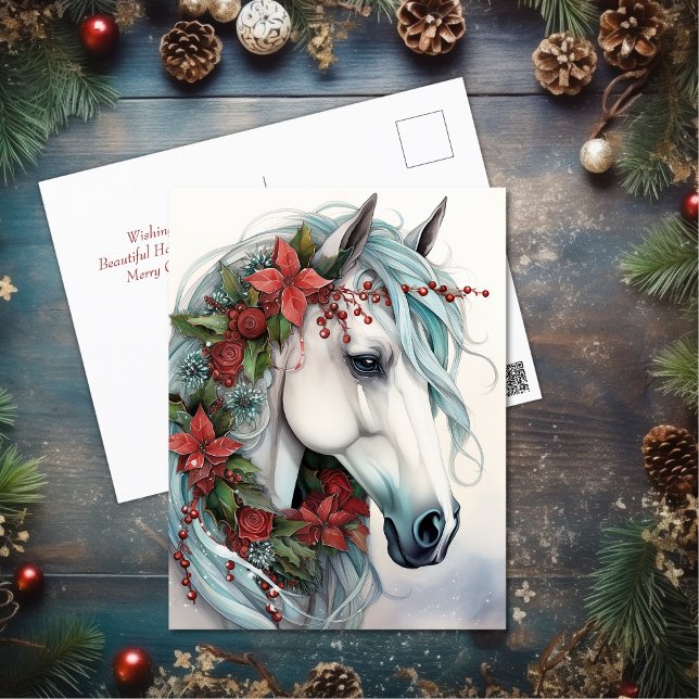 Vackra vita hästar med Röda blommor jul Helg Vykort (Beautiful White Horse with Red Flowers Christmas Holiday Postcard)