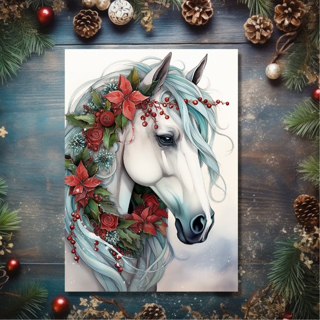 Vackra vita hästar med Röda blommor jul Helgkort (Front - Beautiful White Horse with Red Flowers Christmas Holiday Card)