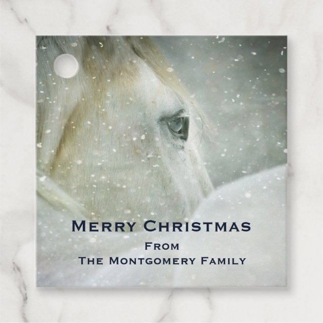 Vackra vita hästen i Vinterfotojul Gåvor Etiketter (Framsida)