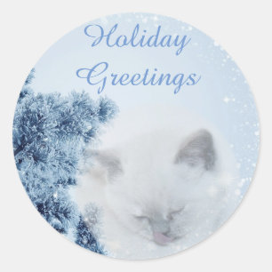 Vackra vita kattsnöar Vintern Holiday Greetings Runt Klistermärke
