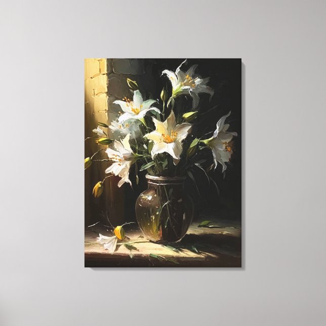 Vackra Vita Lilies i Vas Fine Art Canvastryck (Framsida)