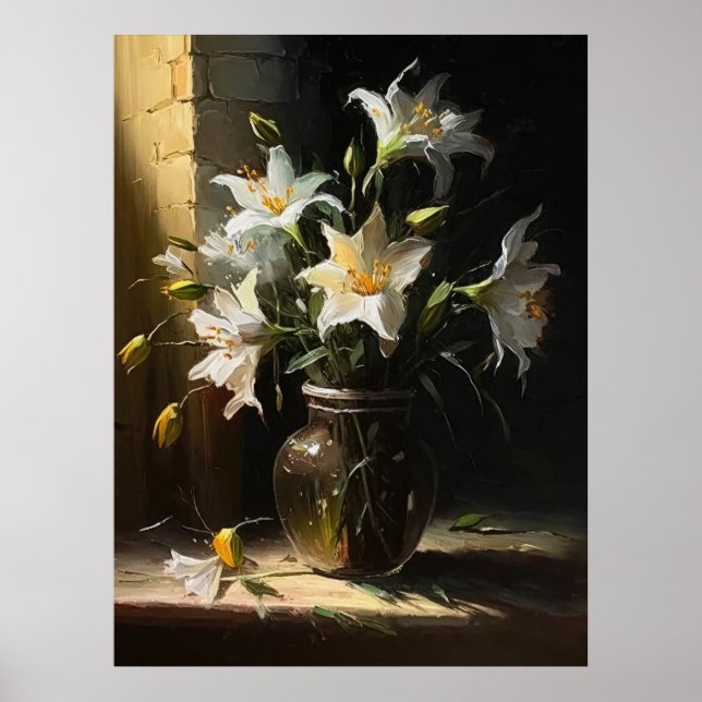 Vackra Vita Lilies i Vas Fine Art Poster (Framsidan)