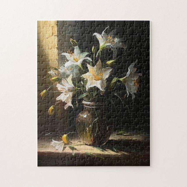 Vackra Vita Lilies i Vas Fine Art Pussel (Vertikal)
