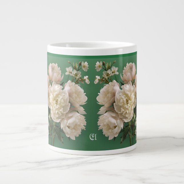 Vackra vita och rosa peonéer namnmonogram jumbo mugg (Framsidan)