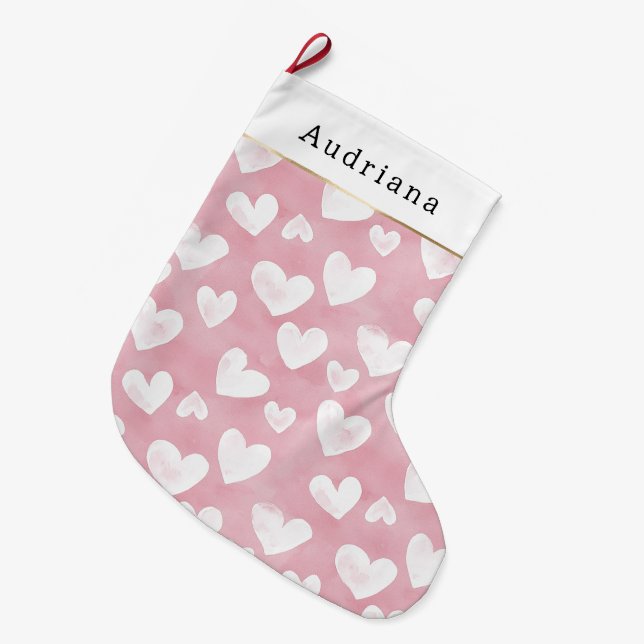 Vackra vita rosa hjärtan jul stor julstrumpa (Framsidan (Hängande))