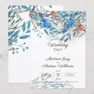 Vackra Watercolor Birds och Foliage bröllop Inbjudningar