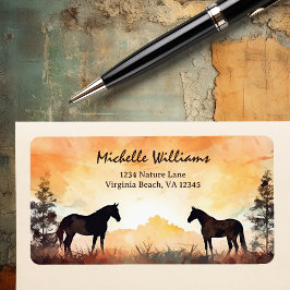 Vackra Watercolor Horses i Fält Adress Adressetikett