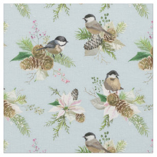 Vackra Winter Bird and Flowers Tyg