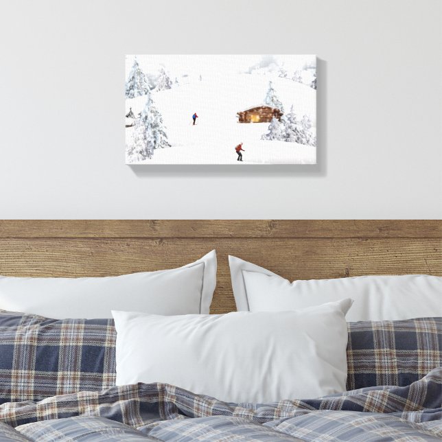 Vackra Winter Scene Cabin Skiers Canvastryck (Insitu (sovrum))