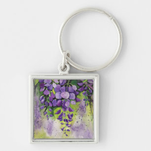 Vackra Wisteria Flowers i vattenfärg Fyrkantig Silverfärgad Nyckelring