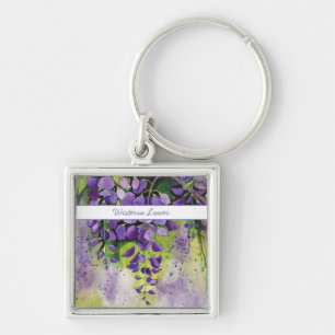 Vackra Wisteria Flowers i vattenfärg Fyrkantig Silverfärgad Nyckelring