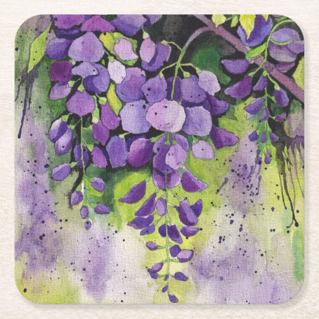 Vackra Wisteria Flowers i vattenfärg Underlägg Papper Kvadrat (Framsidan)