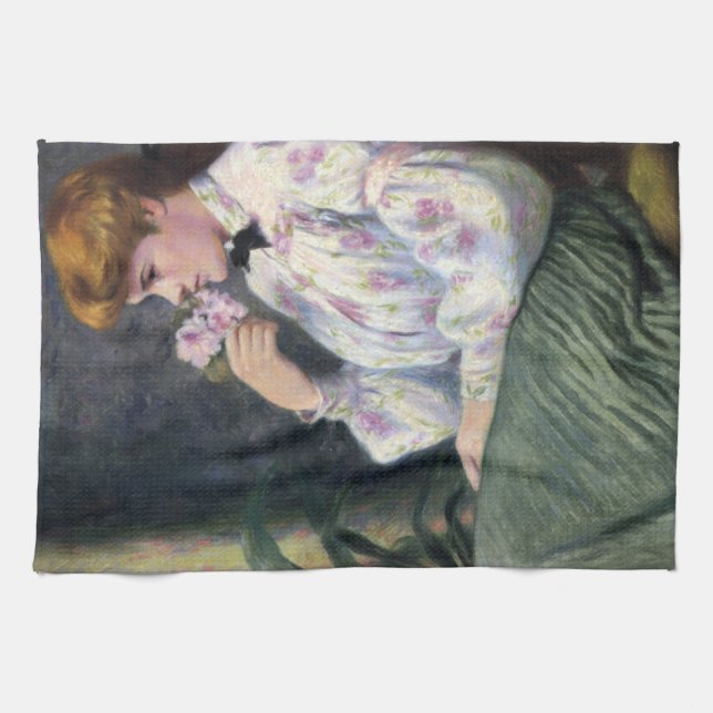 Vackra Woman Smelling Flowers' Scent (Reverie) Kökshandduk (Horisontell)