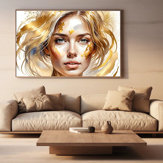 Vackra Womans Ansikte i Guld Abstrakt Watercolor Poster (Beautiful Womans Face in Gold Abstract Watercolor Poster in room 1)