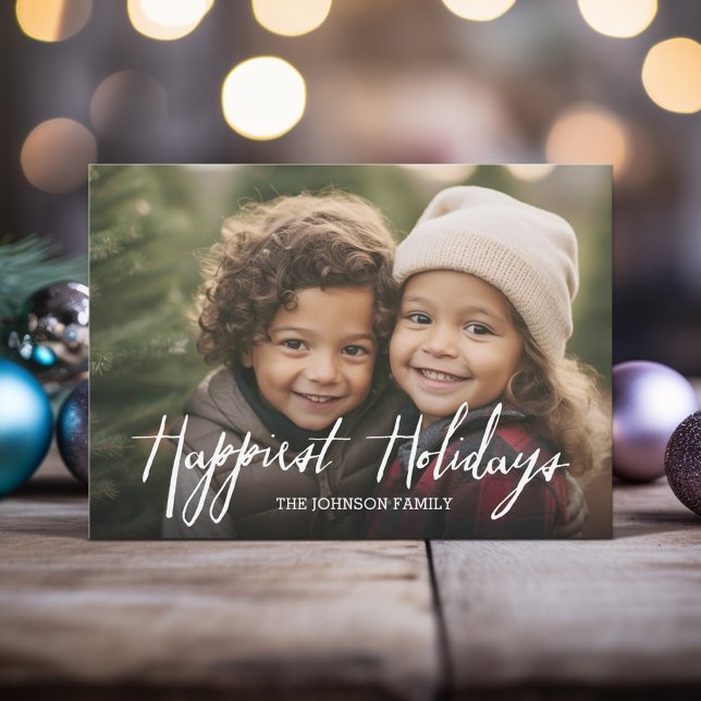 Vackraste Högtider Moderna Fullständiga Foto Skrip Julkort (Modern Christmas Card with 1 Horizontal Photo and a rustic modern font in white - Happiest Holidays)